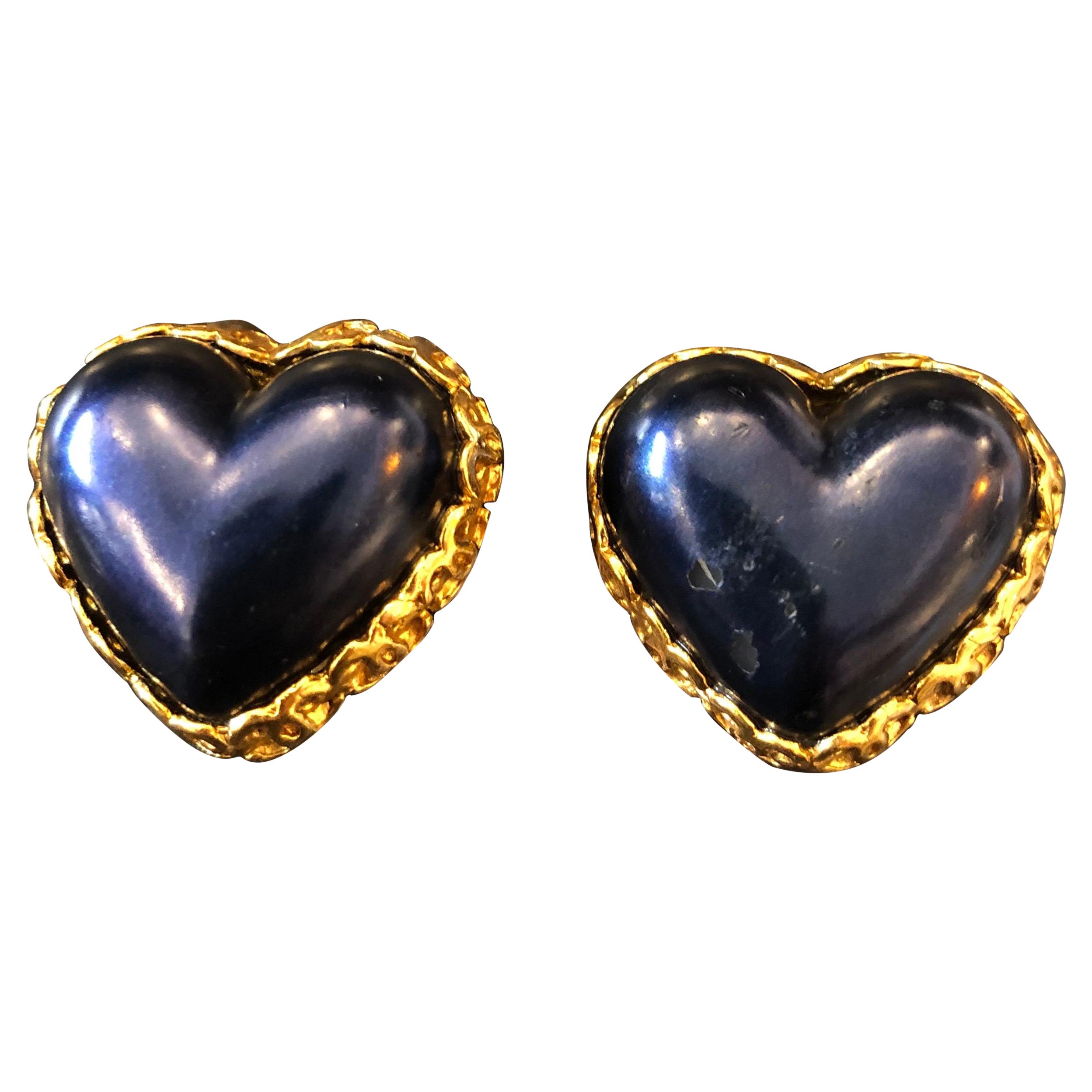 Vintage Chanel Gripoix Heart Earrings Midnight Blue 