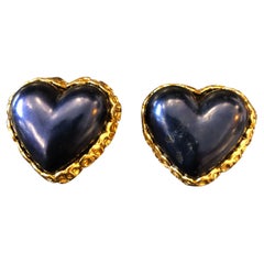 Early 1990s Vintage Chanel Midnight Blue Gripoix Heart Earrings