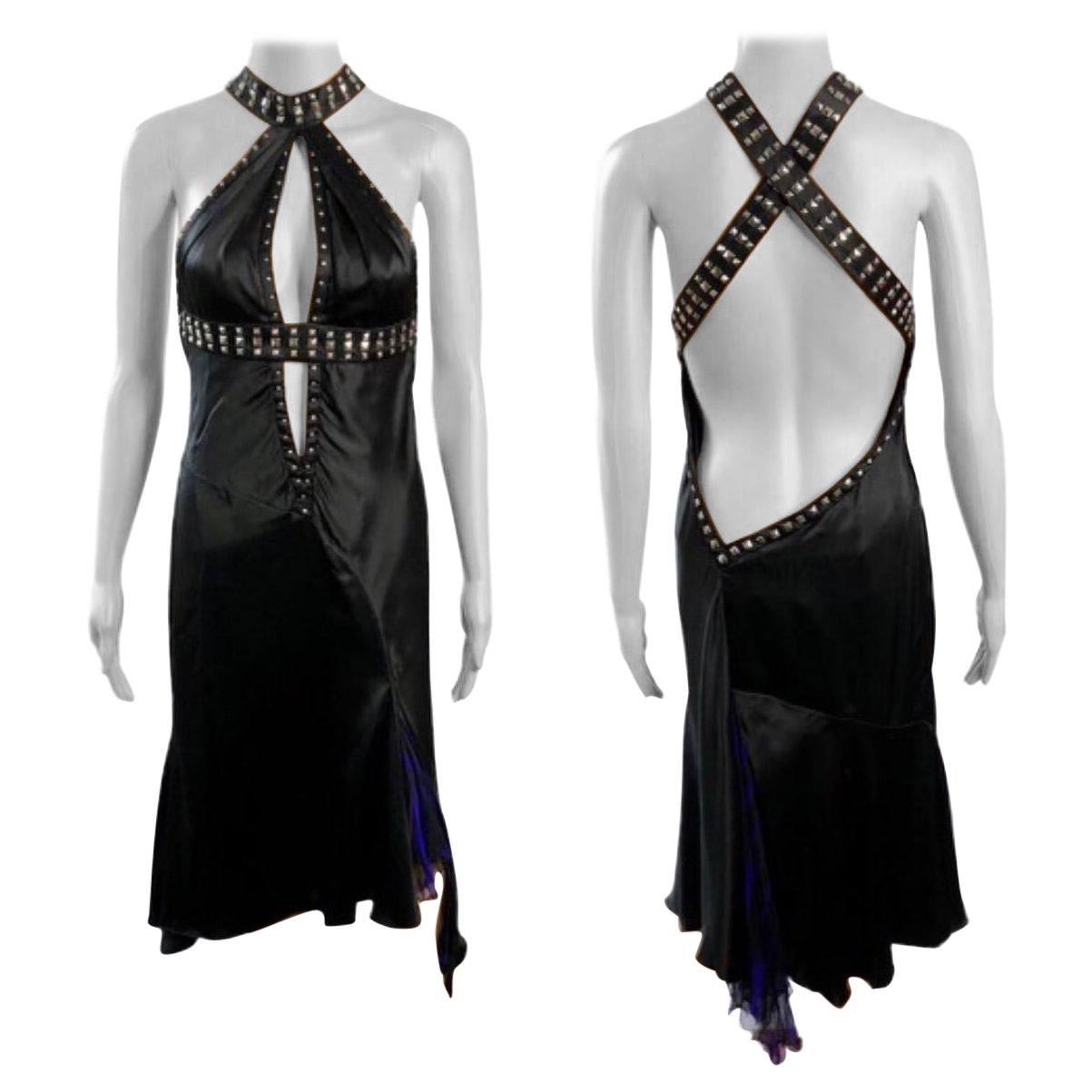 Versace F/W 2004 Embellished Studded Plunging Keyhole Neckline Open Back Dress For Sale