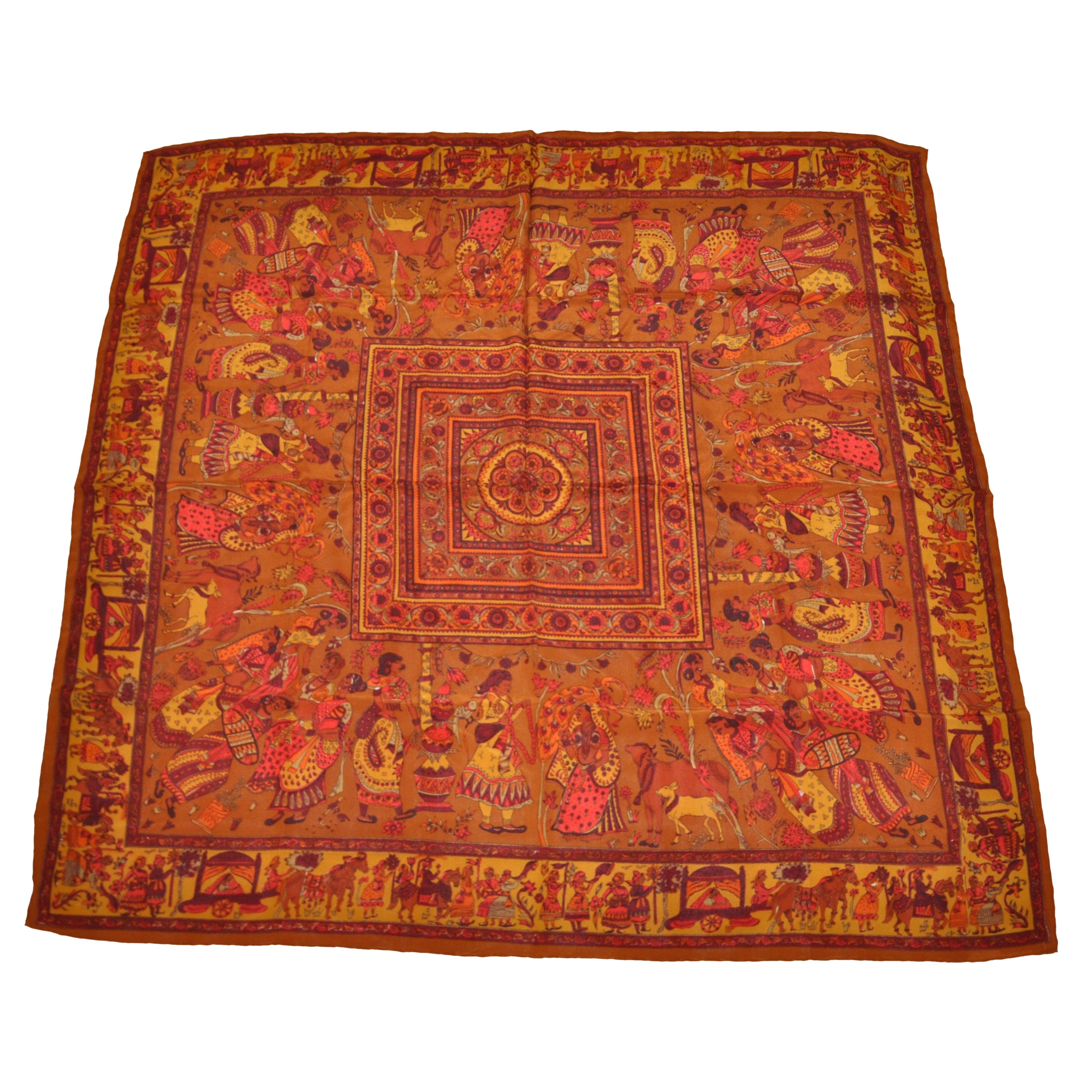 Richly Detailed "India Theme" Silk Crepe Di Chine Scarf For Sale