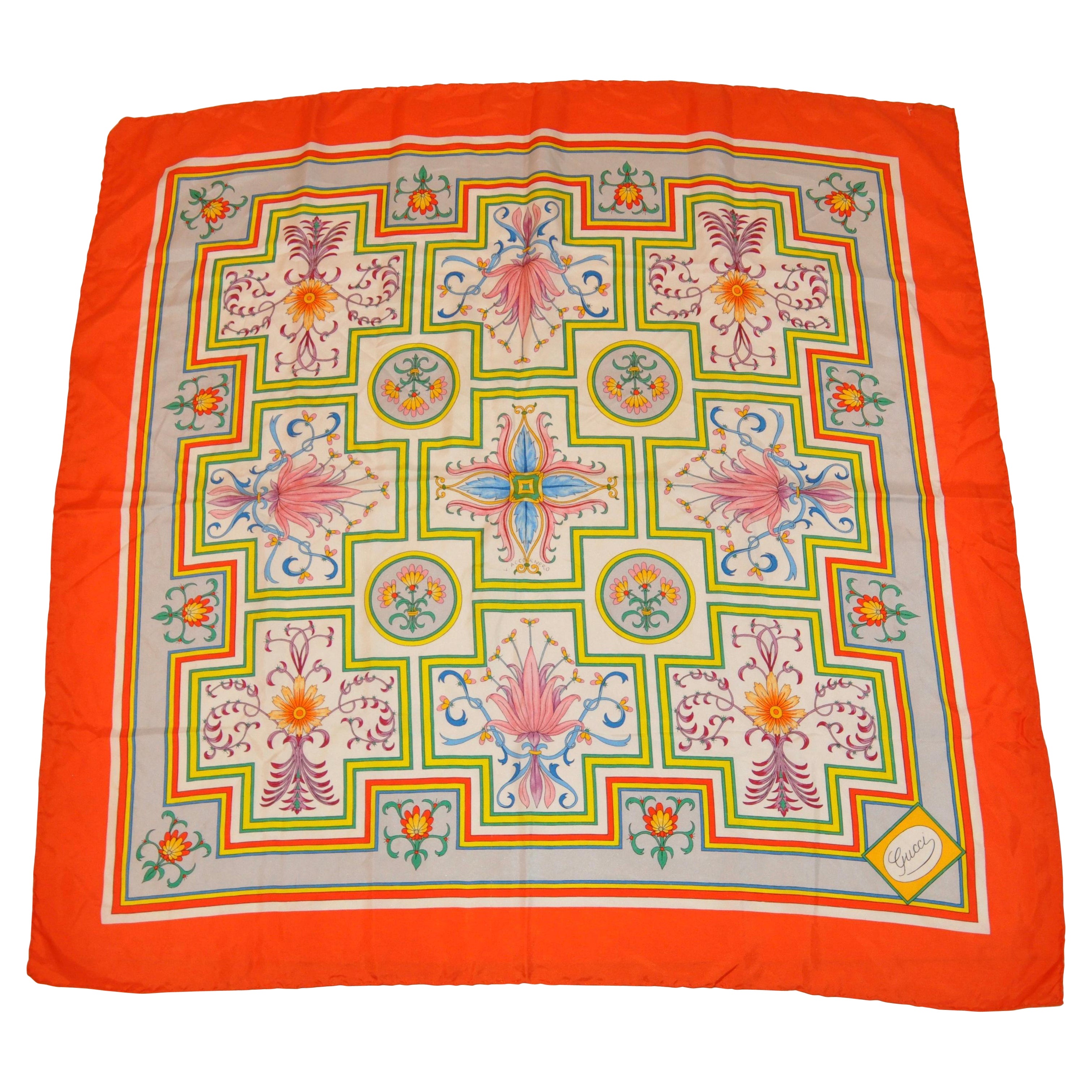 Gucci Tangerine Border Abstract Floral Silk Scarf For Sale
