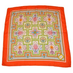 Gucci Tangerine Border Abstract Floral Silk Scarf