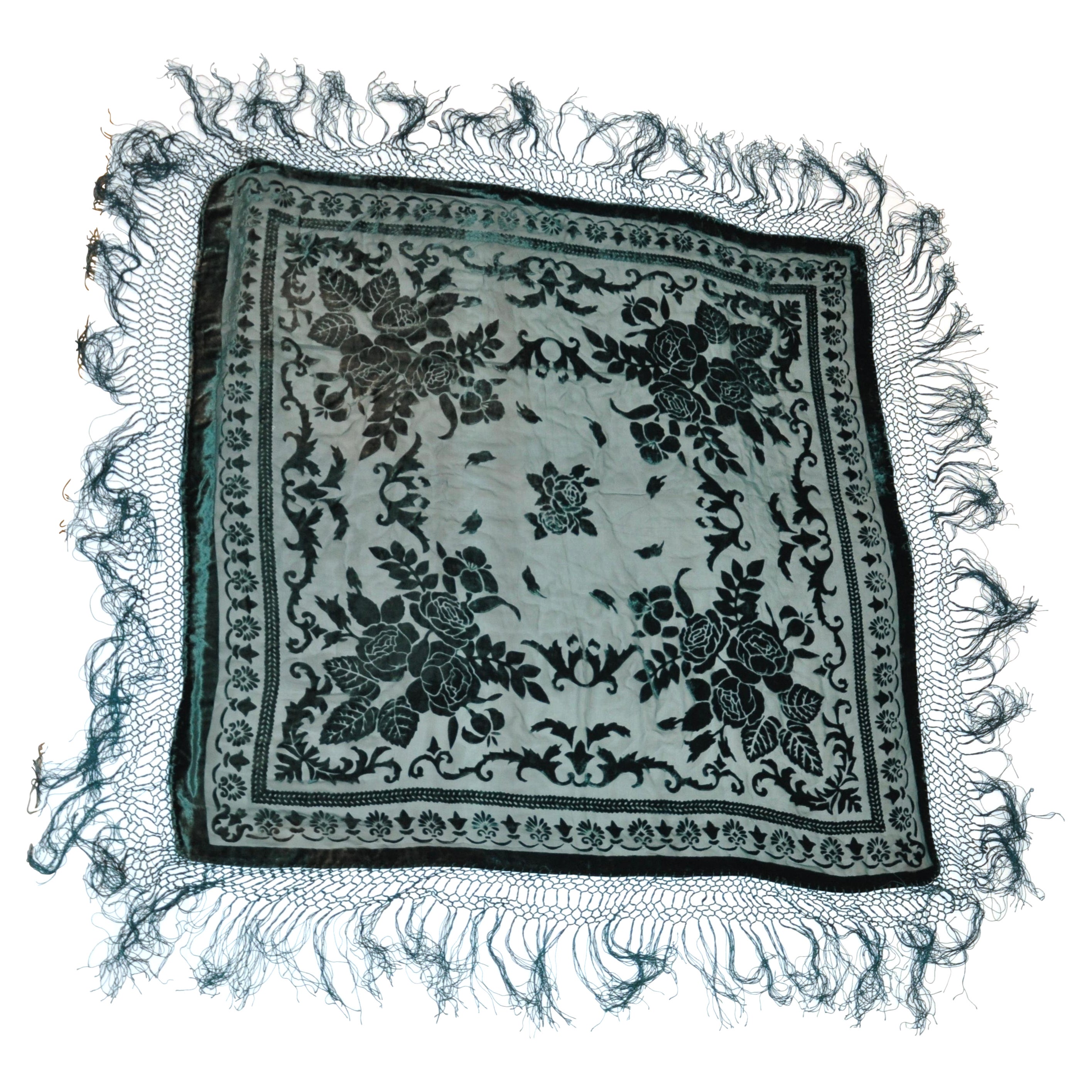 Rich Forest-Green Floral Velvet with Hand-Knotted Silk Fringe For Sale