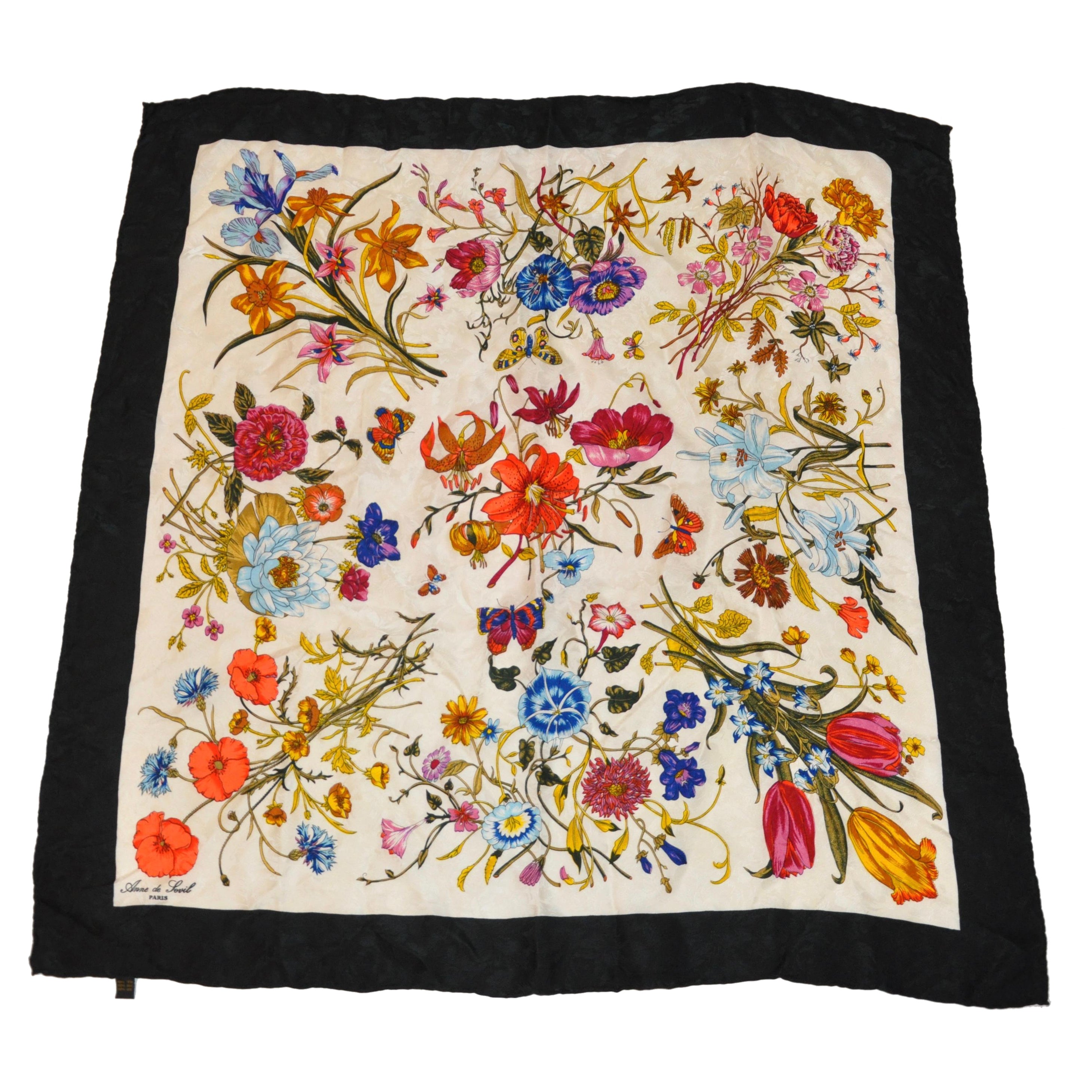 Anne de Levil (Paris) Bold Multi Florals & Butterflies Silk Scarf For Sale