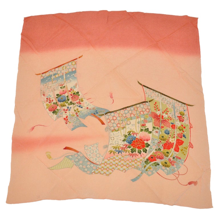 Peaches & Cream Japanese "Floral Flags" Textured Hand-Painted Silk Scarf For Sale