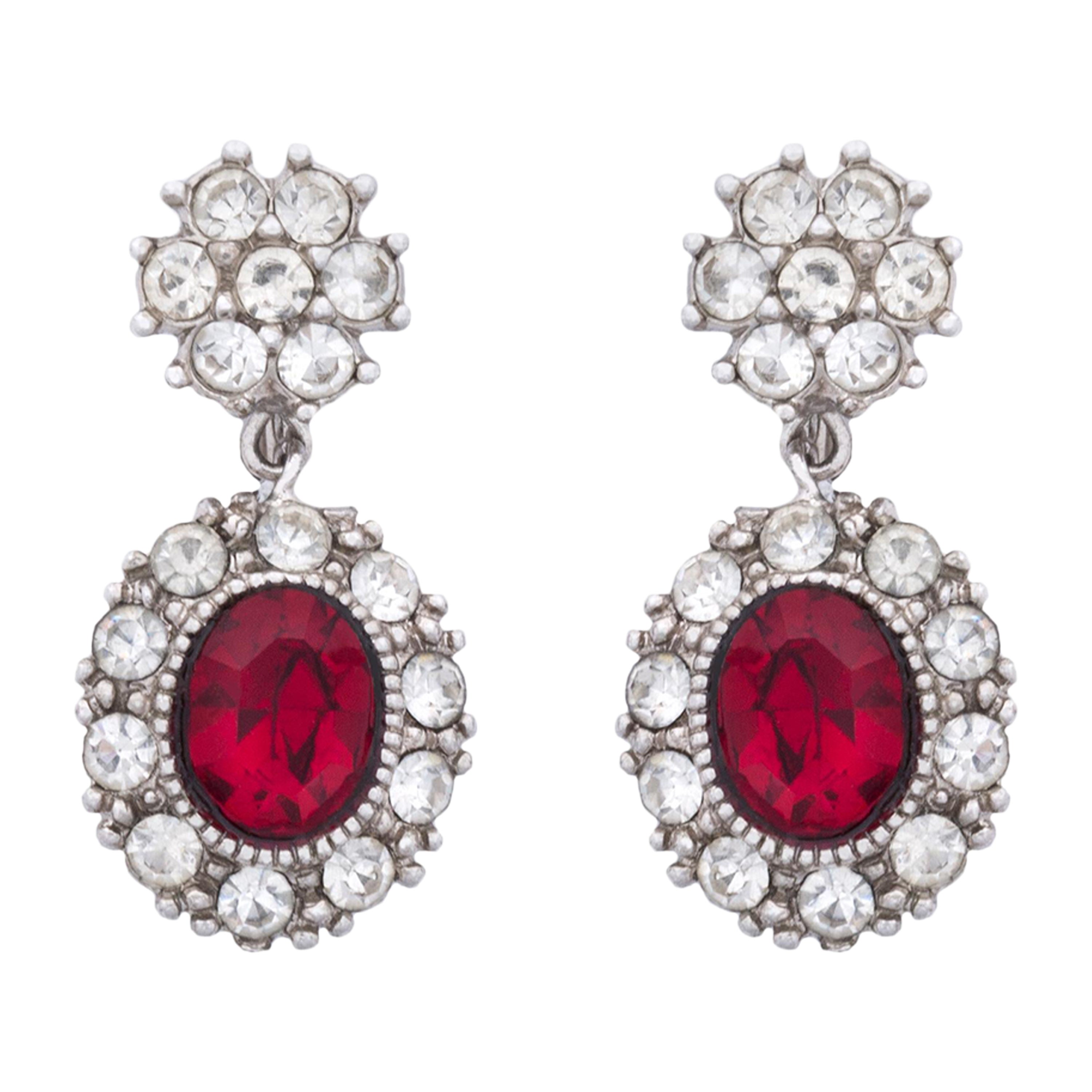 Petite Ruby and Crystal Rhinestone Drop Earrings CLIP For Sale