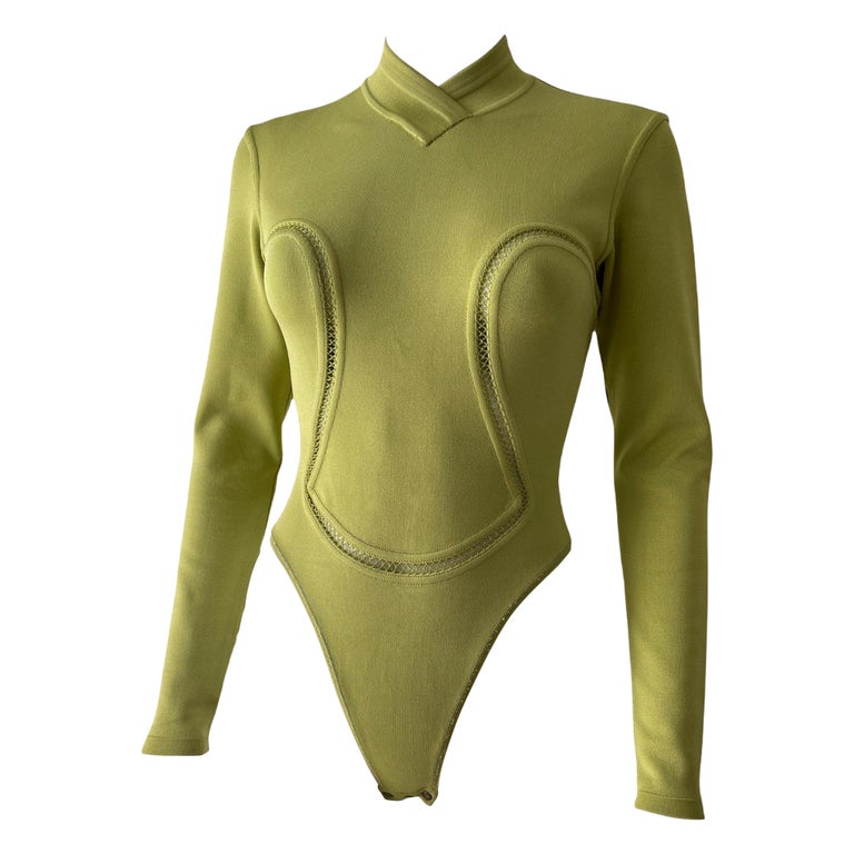 90's Azzedine Alaïa Vintage Green Bodysuit with Long Sleeves Small Size FW 1991 For Sale