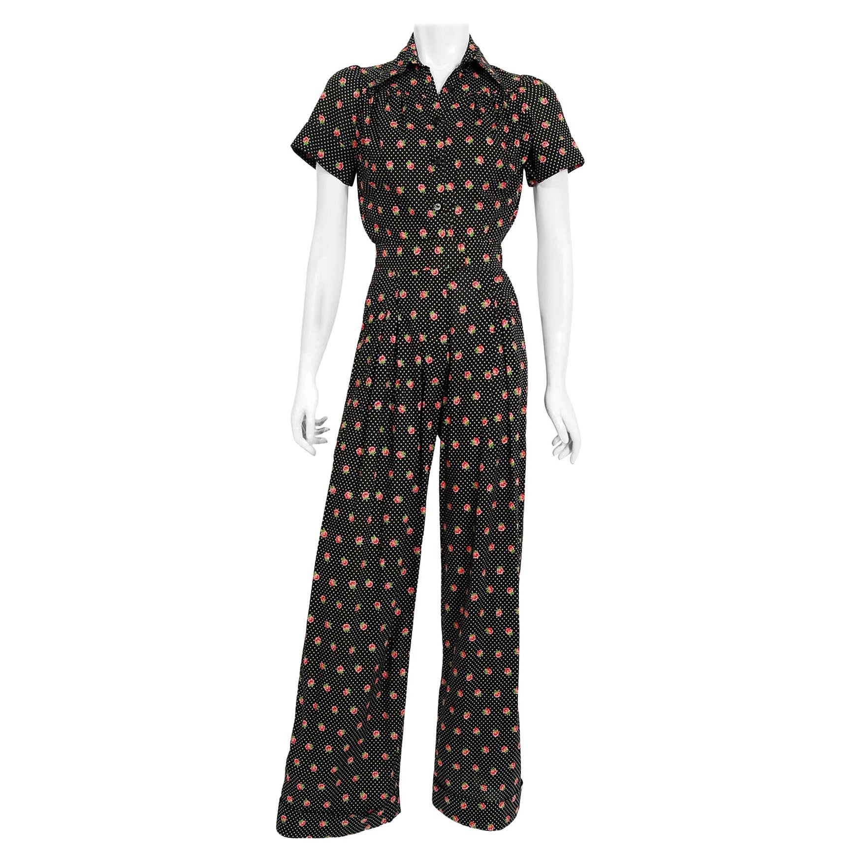 Vintage 1970's Ossie Clark For Radley Dotted Floral Deco Print Cotton Jumpsuit