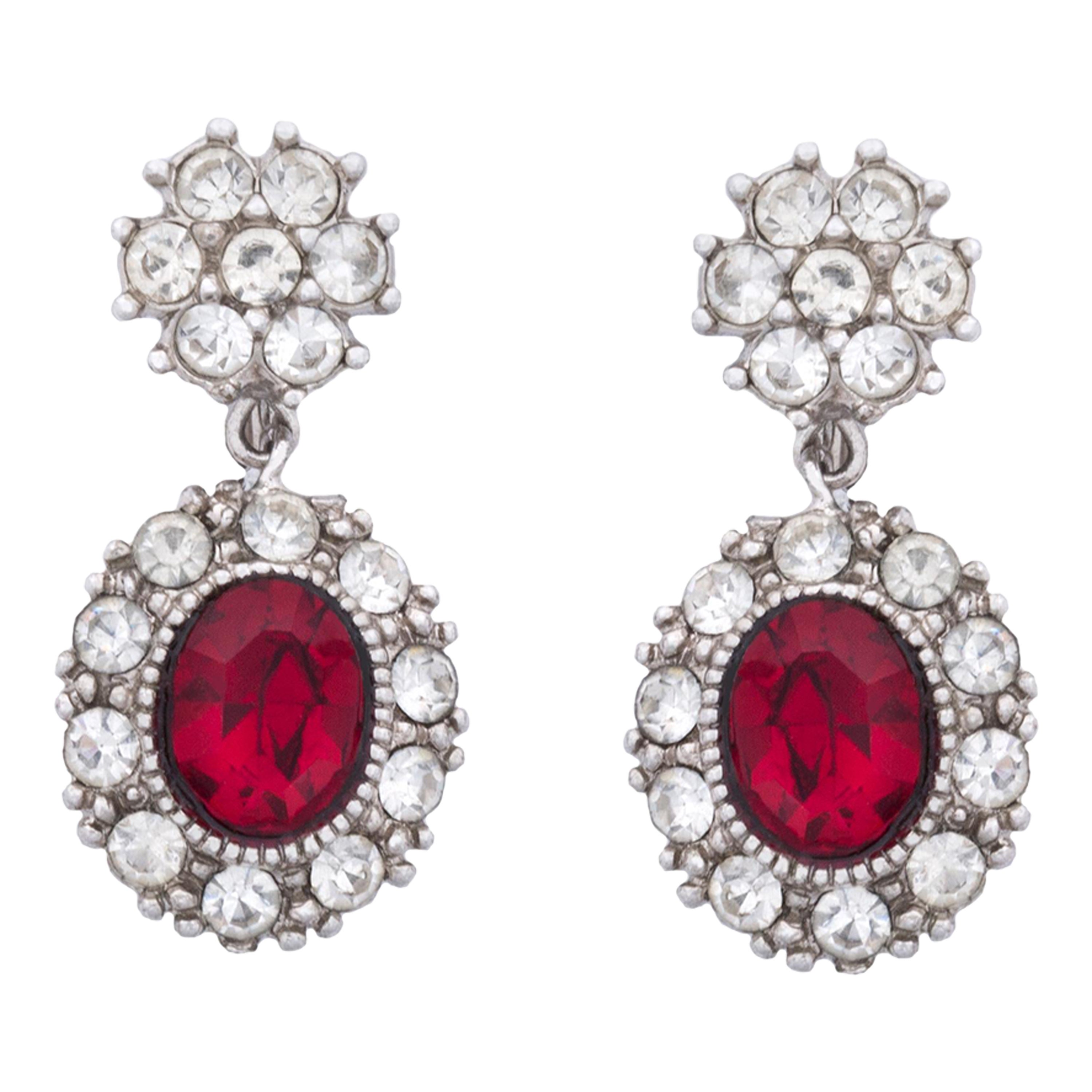 Petite Ruby and Crystal Rhinestone Drop Earrings POST For Sale
