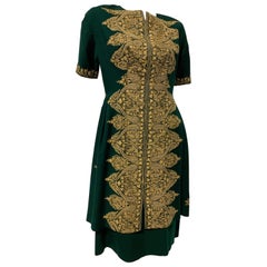Vintage 1950 Custom Made Hunter Green Crewel Cord Embroidered Wool Dress Size 10