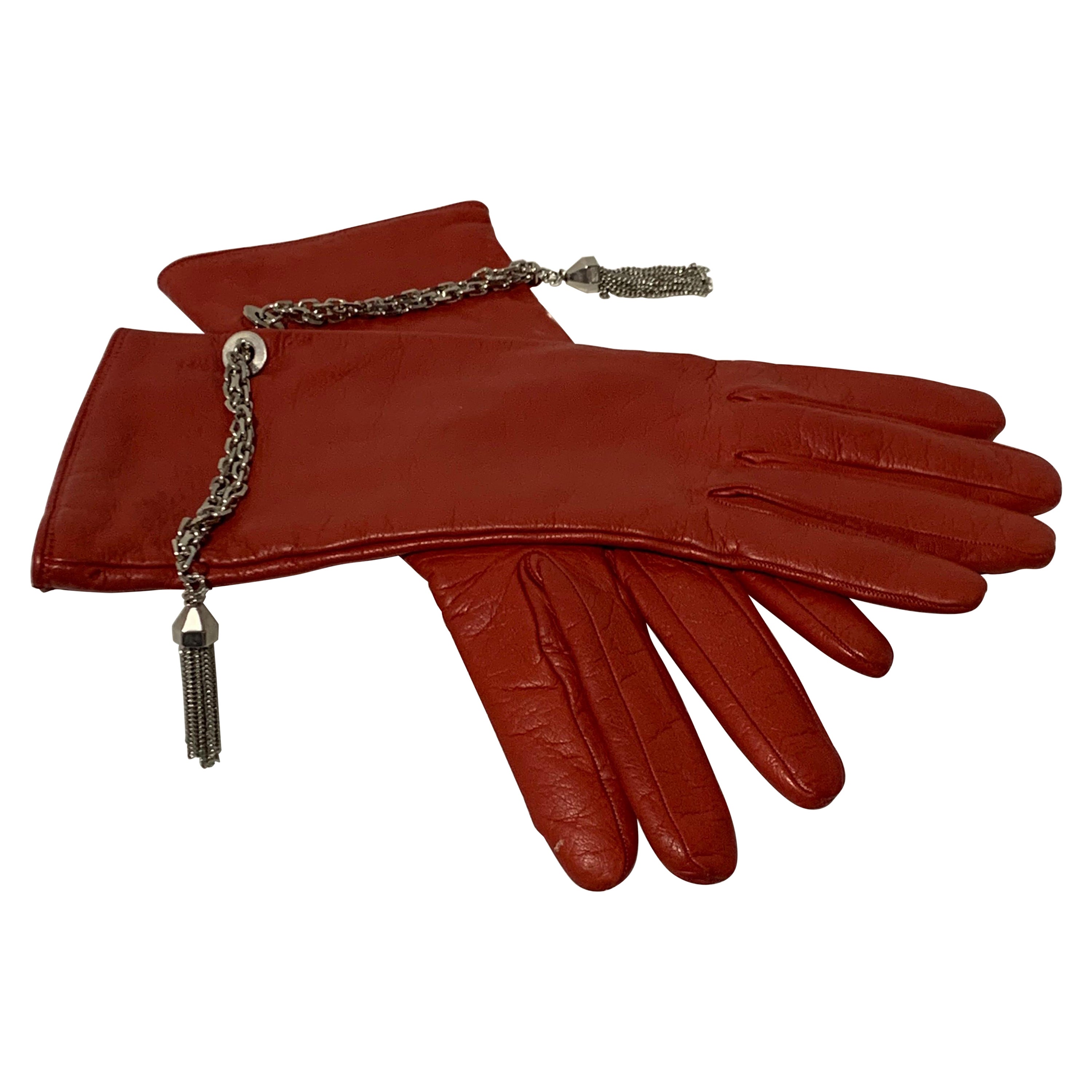 1980 Gianni Versace Red Lambskin Leather Gloves W/ Chrome Chain & Tassel Size 8