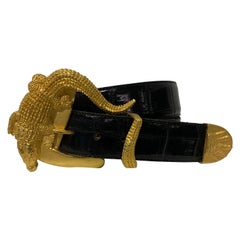 1980 Hartnell Black Embossed Belt W / Gold Alligator Buckle Size XL