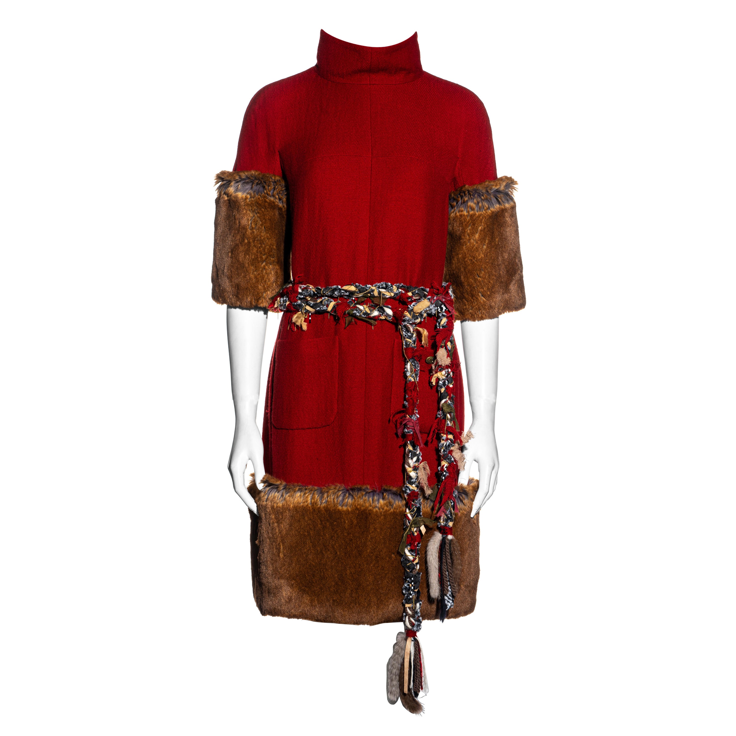 Chanel by Karl Lagerfeld red cashmere wool and faux fur dress, fw 2010