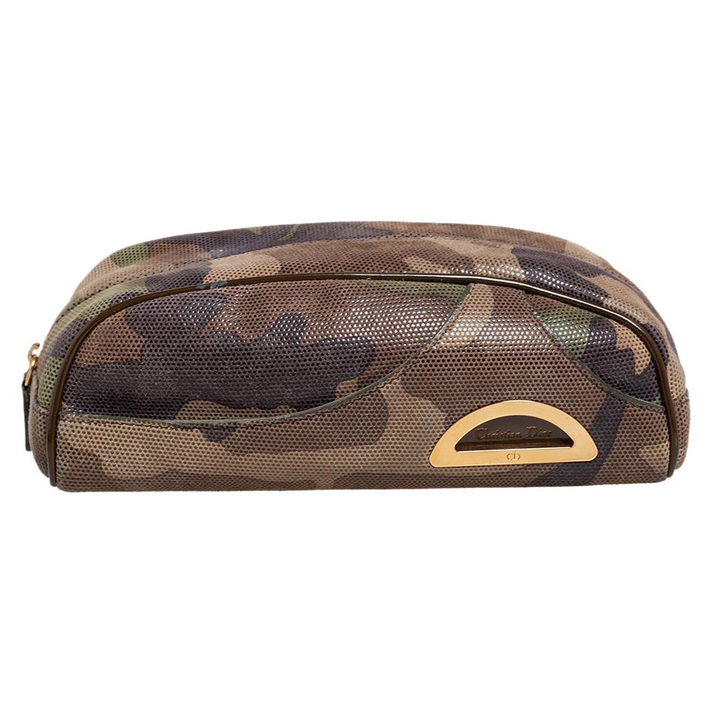 Dior Green Camouflage Print Shimmer Leather Zip Pouch For Sale