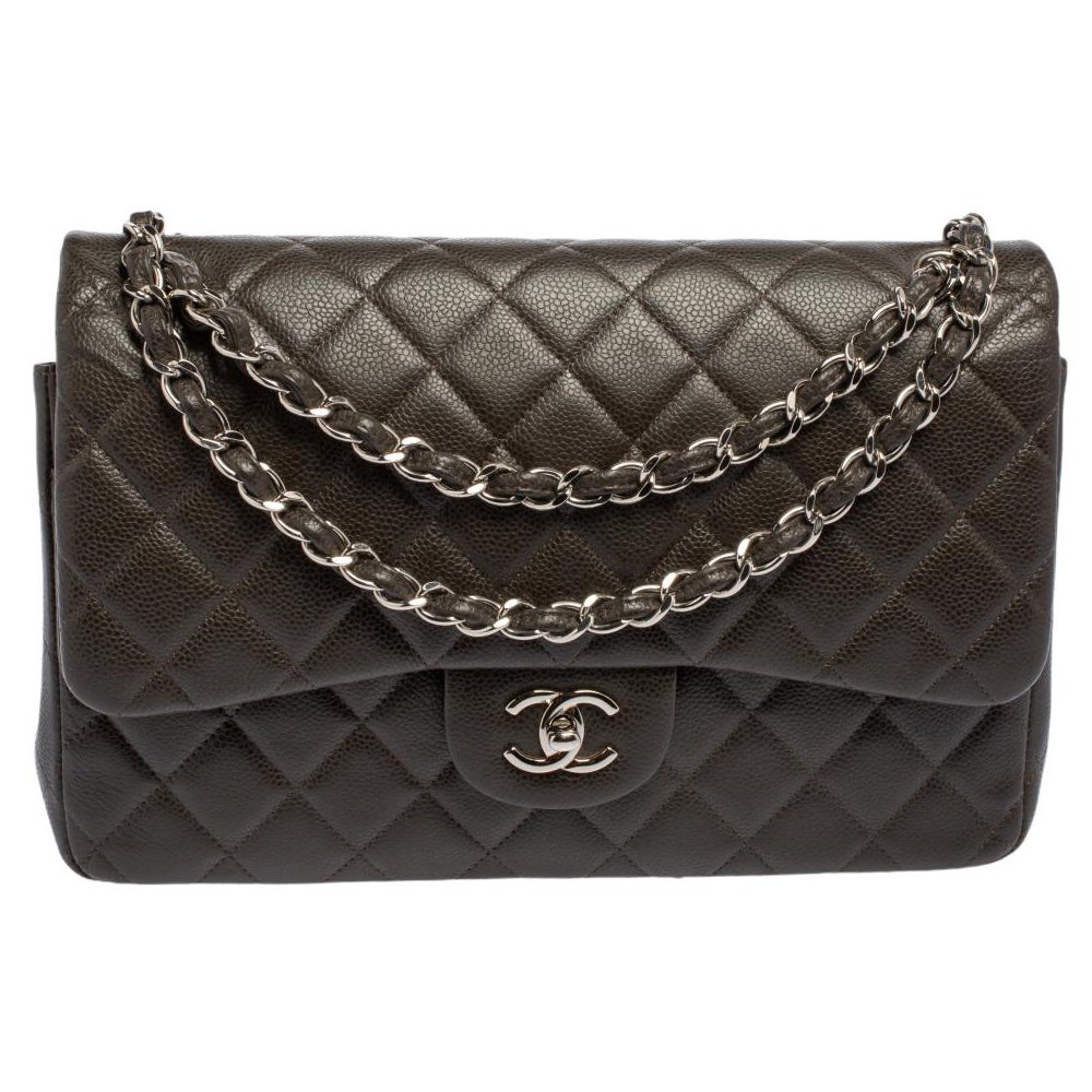 Chanel Dark Brown Quilted Caviar Leather Jumbo Classic Double Flap Bag