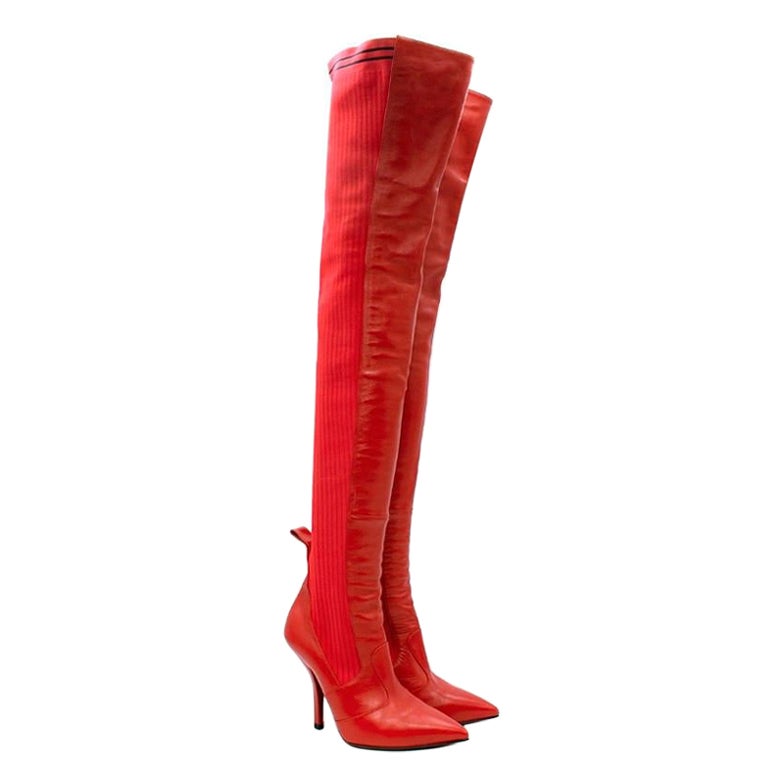Fendi Rockoko Red Leather Thigh High Heeled Sock Boot For Sale
