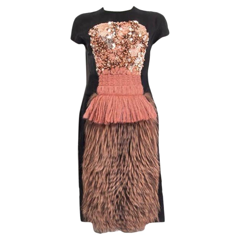 FENDI black & pink FUR SEQUIN BEADED Sheath Dress 38 XS For Sale