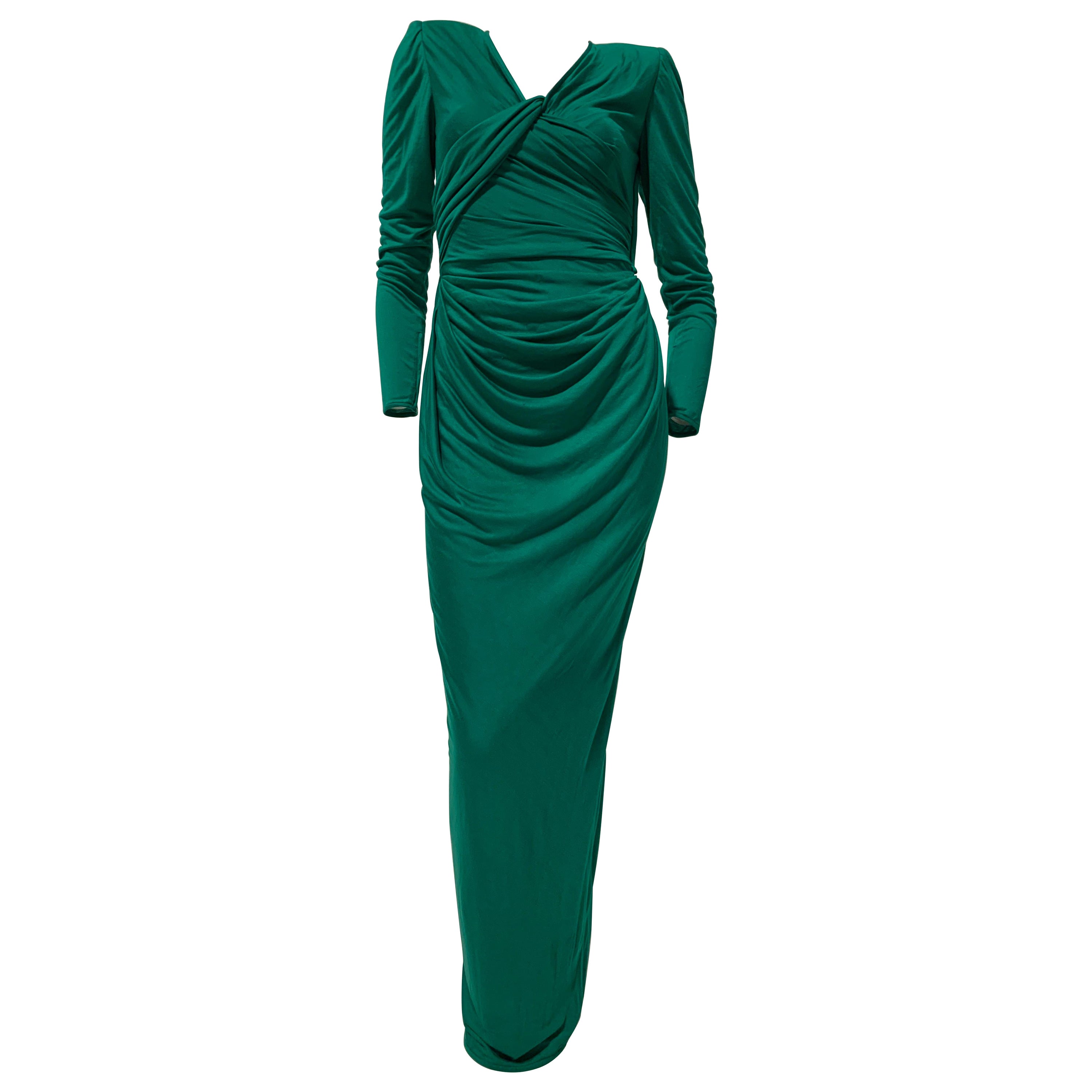 1992 Ungaro Emerald Green Draped Jersey Gown W/ Wrap Back & Bold Shoulders US 6 For Sale