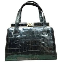 1950s Black Alligator Handbag 9