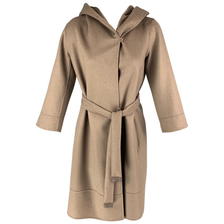 MAX MARA Size 6 Taupe Virgin Wool Hooded Belted Coat For Sale at 1stDibs