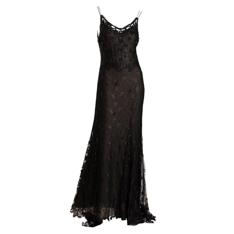 Badgley Mischka Beaded  Black Silk Lace Evening Gown  Size US 10 For Sale