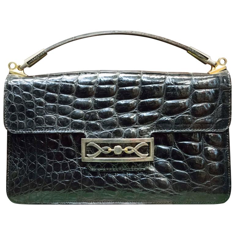 1940s Black Alligator Handbag For Sale at 1stDibs