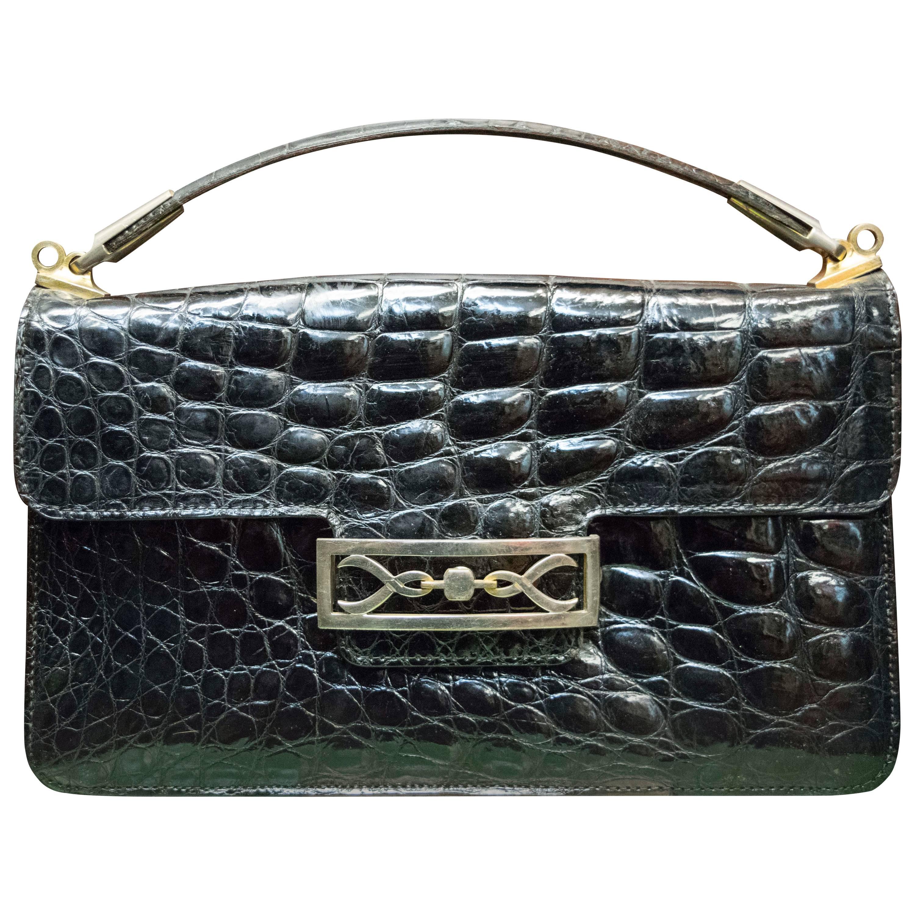 1940s Black Alligator Handbag For Sale