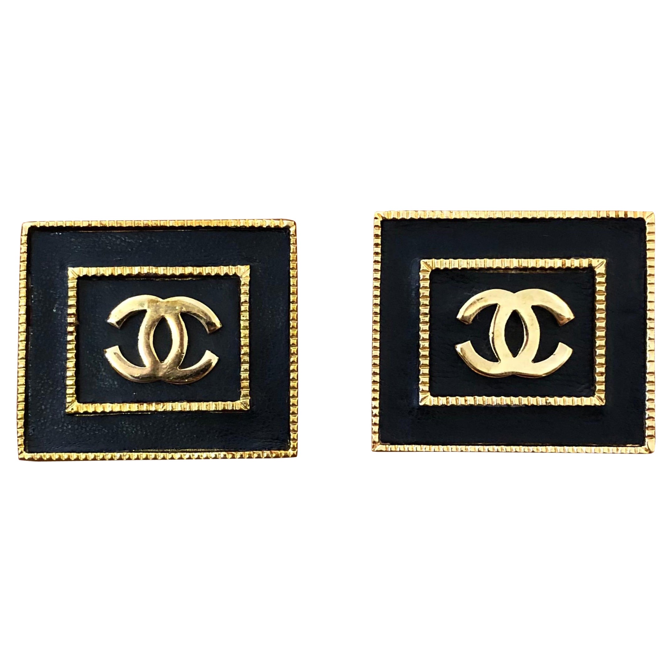 1990s Vintage Chanel Gold and Black Frame CC Earrings  For Sale