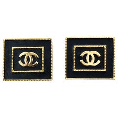 1990s Vintage Chanel Gold and Black Frame CC Earrings 