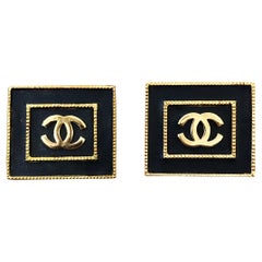 1990s Vintage Chanel Gold and Black Frame CC Earrings