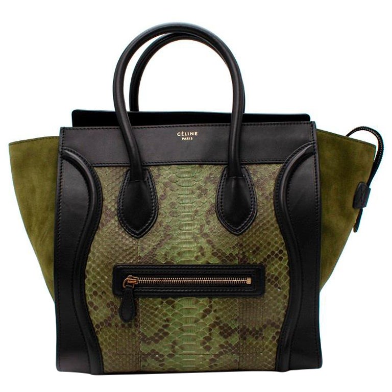 Celine Mini Luggage Black Leather and Green Python Tote Bag For Sale at ...