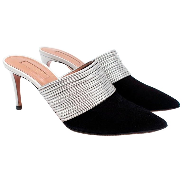 Aquazzura Rendez-Vous Black Suede Silver Leather Heeled Mules For Sale at  1stDibs