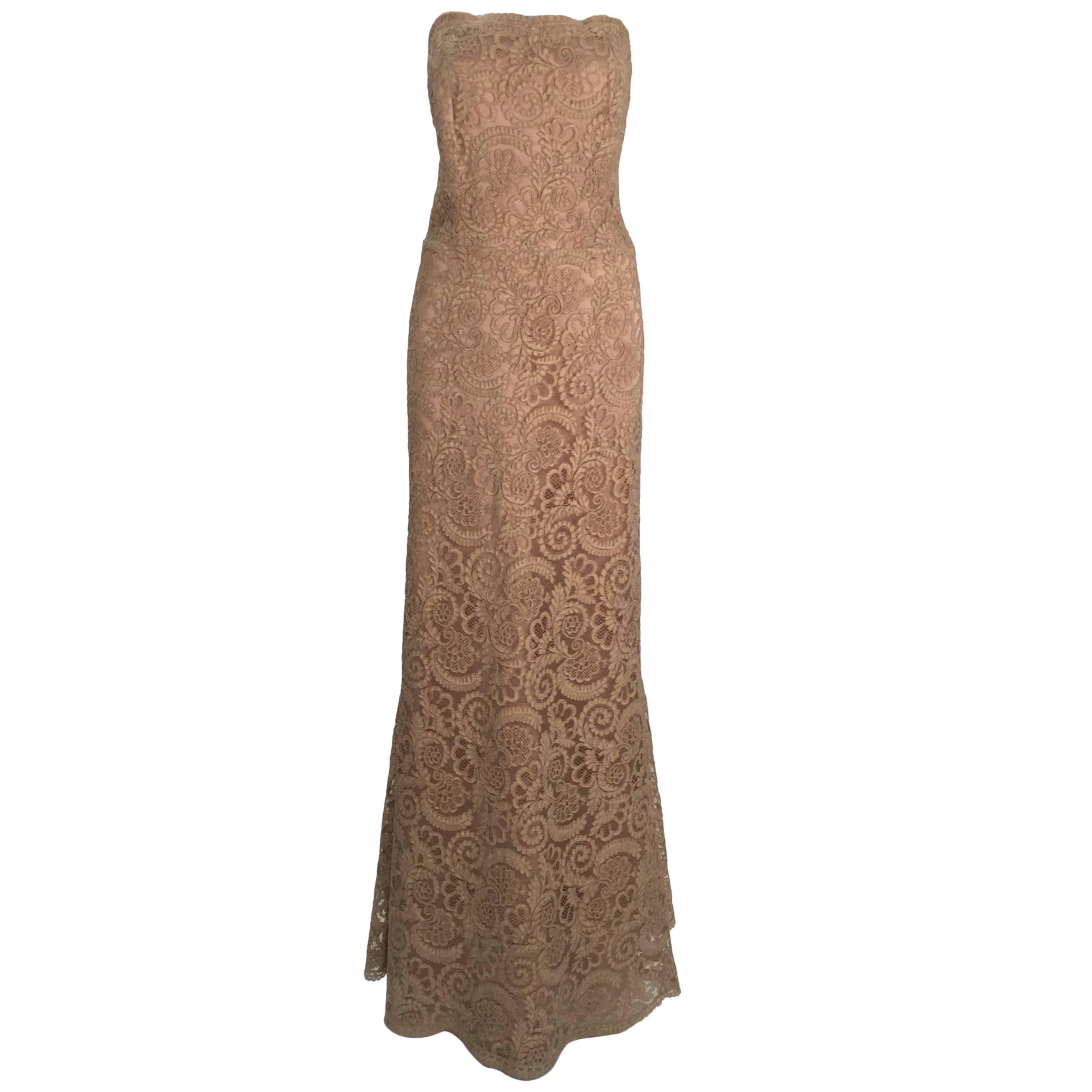Vintage Nude Venetian Lace Floor Length Gown For Sale