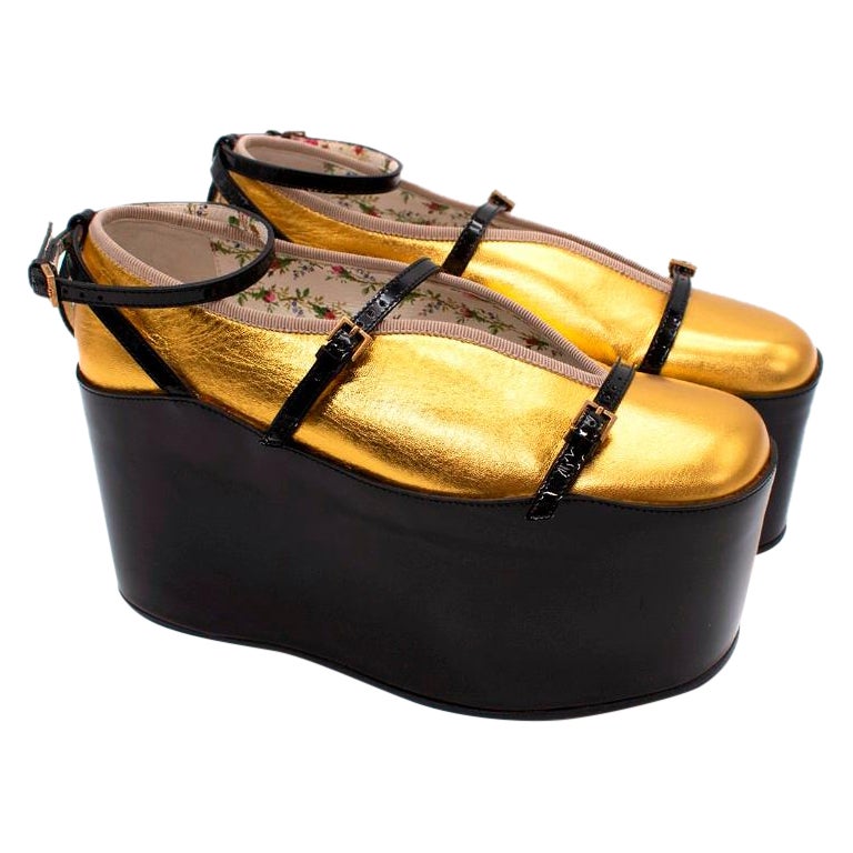 Gucci Hannelore Gold Leather Ballerinas W/ Black Ankle Strap Platforms