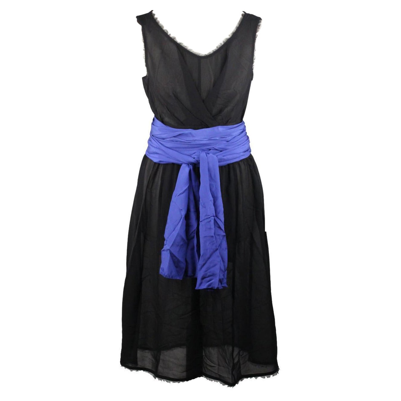 Fendi Black Silk Sleeveless Dress with Blue Belt Size 44 IT