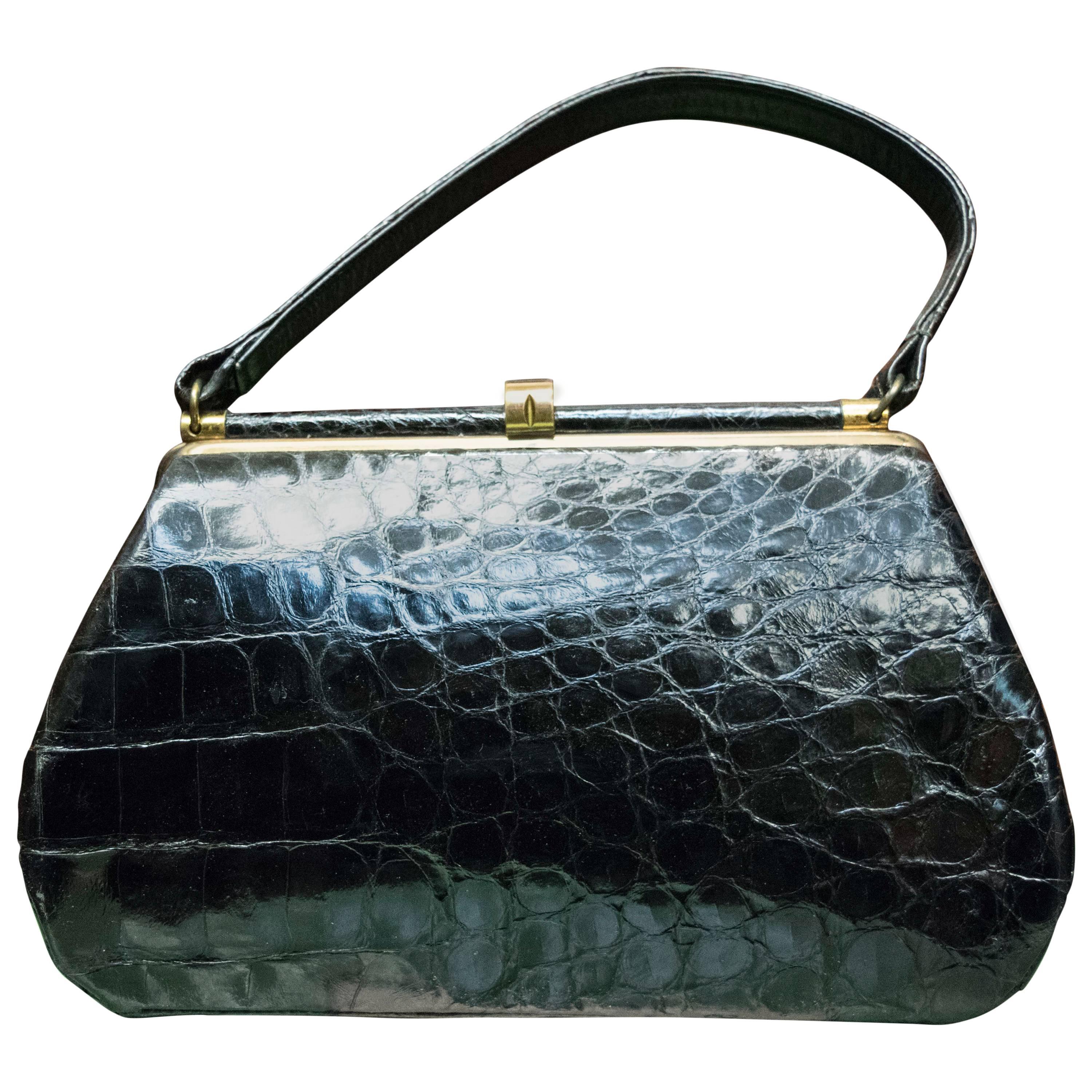 1950s Bellestones Black Alligator Handbag