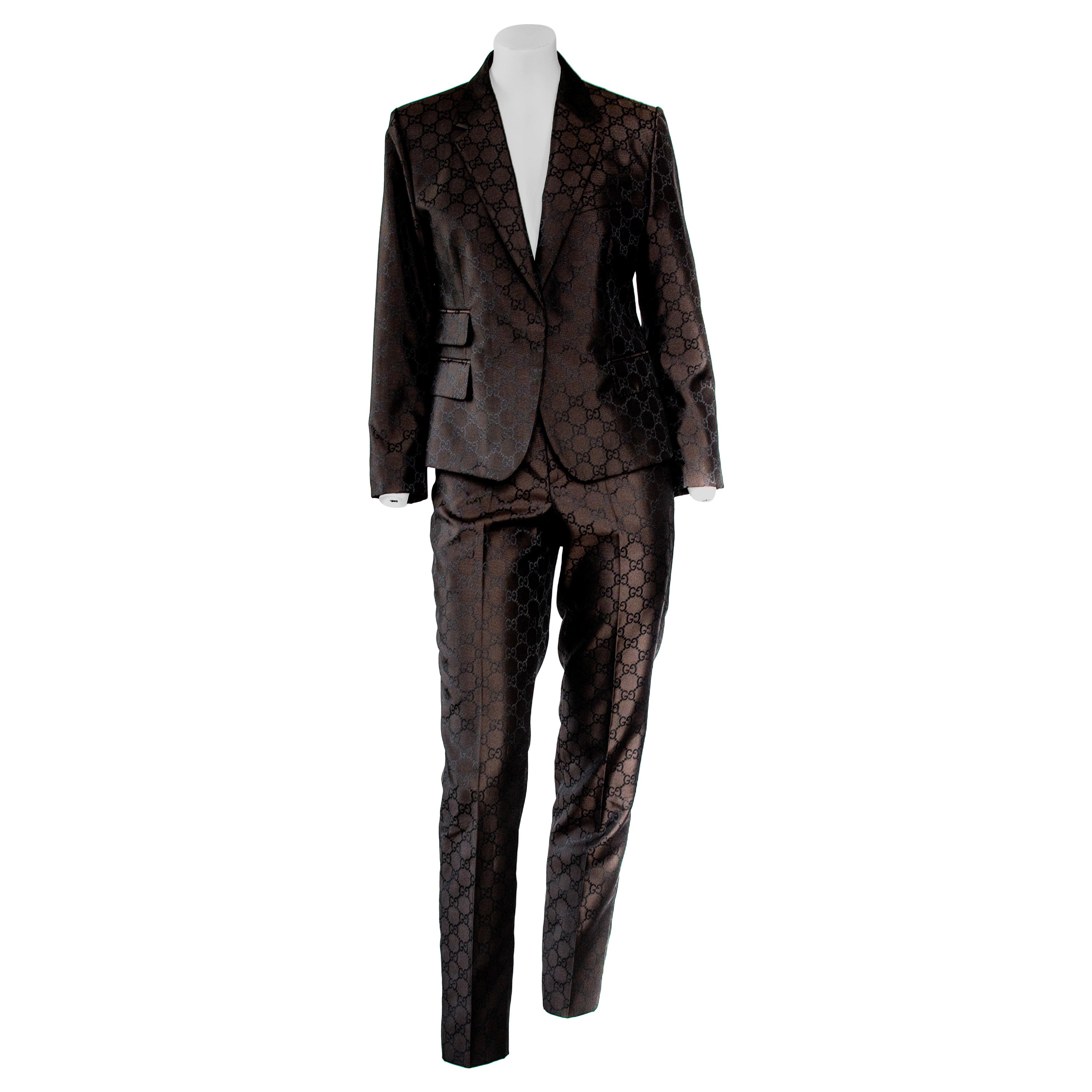 S/S 1998 Gucci by Tom Ford Woven GG Monogram Satin Brown Pantsuit For Sale