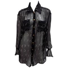 Chanel black white silk chiffon blouse tunic with gold buttons sz 46