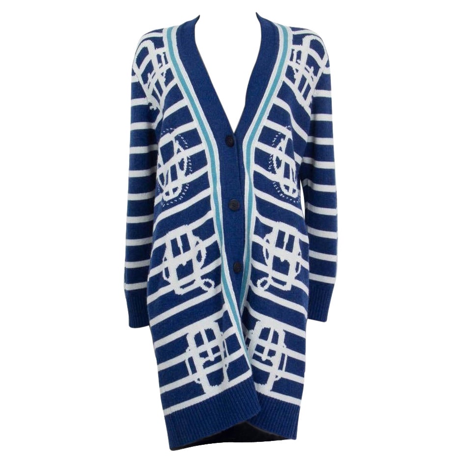 HERMES blue white cashmere BOUCLERIE MODERNE Cardigan Sweater 34 XXS For Sale