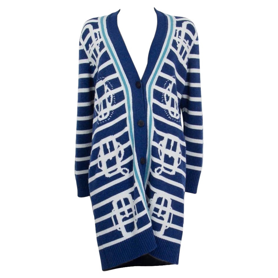 HERMÈS Cardigan BOUCLERIE MODERNE en cachemire bleu et blanc 34 XXS