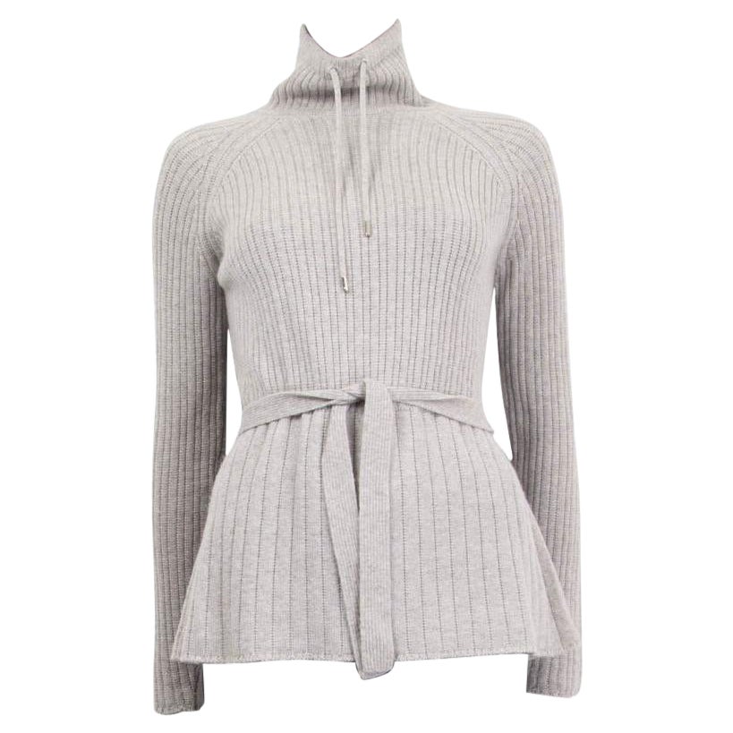 LORO PIANA grey cashmere RIB BELTED TURTLENECK Sweater 36 XXS For Sale
