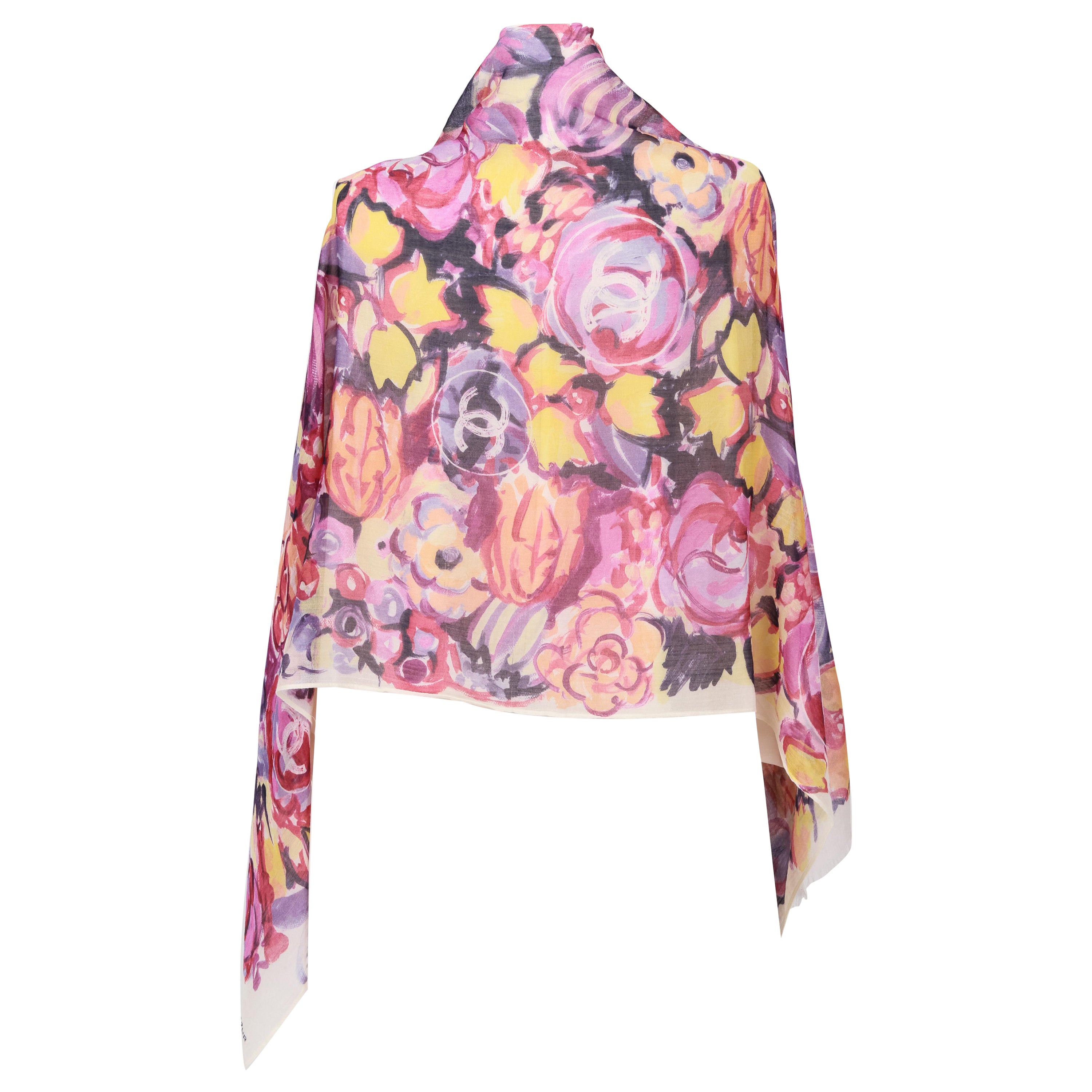 New Chanel Multicolor Camellia Cashmere Silk Shawl Scarf For Sale