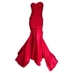 Michael Kors Dramatic Used Strapless Red Silk Mermaid Dress w Fishtail Train
