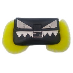 Fendi Black Leather and yellow Fox Fur Micro Buggie Monster Baguette Bag 