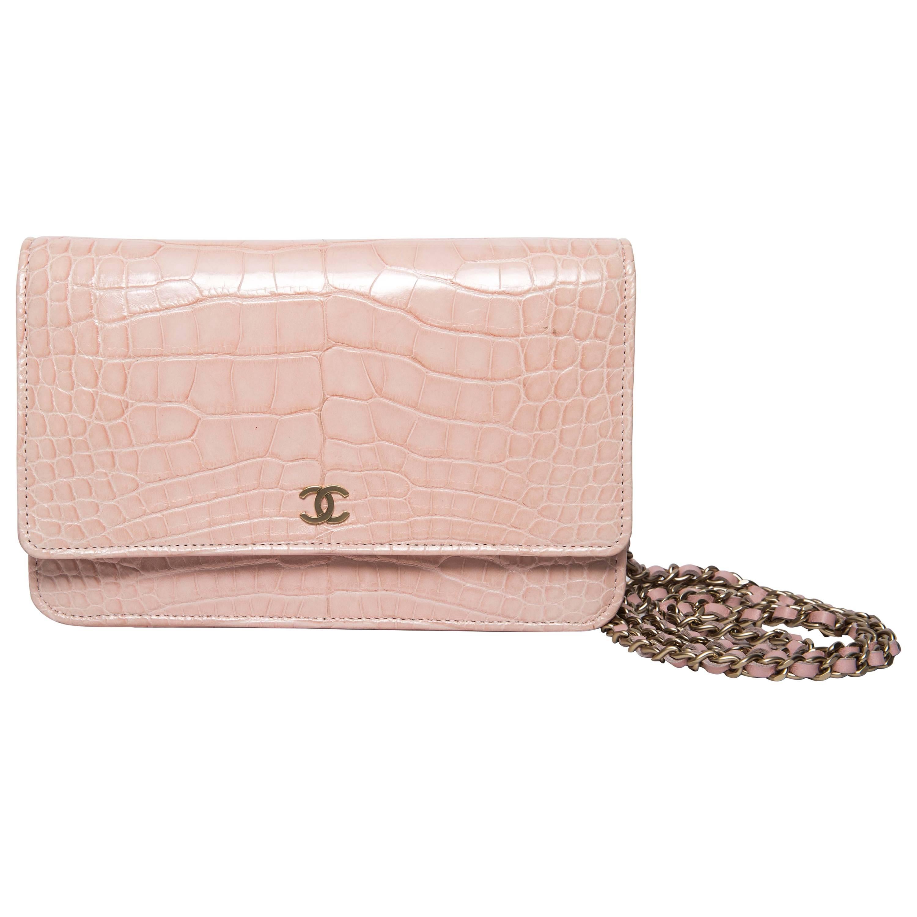 Chanel Wallet on a Chain in Blush Pink Alligator