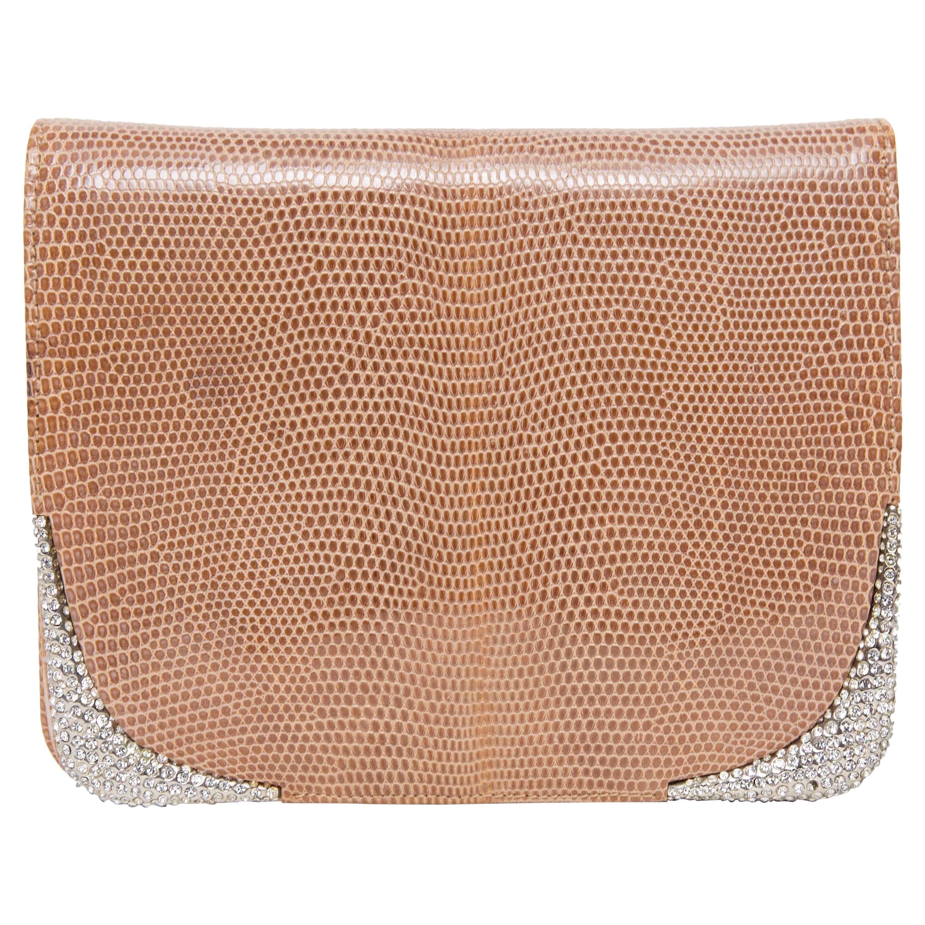 Valentino Tan Lizard Clutch with Crystal Corners and Crystal Studded Strap