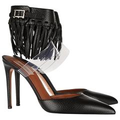 Valentino Black Leather Fringe PVC Pointy Ankle Sandal Heels Shoes in Box