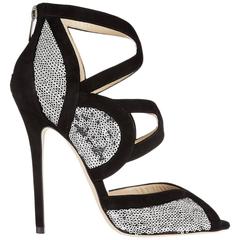Jimmy Choo Black Suede Silver Sequin Embellished Cut Out Strappy Heels Shoes