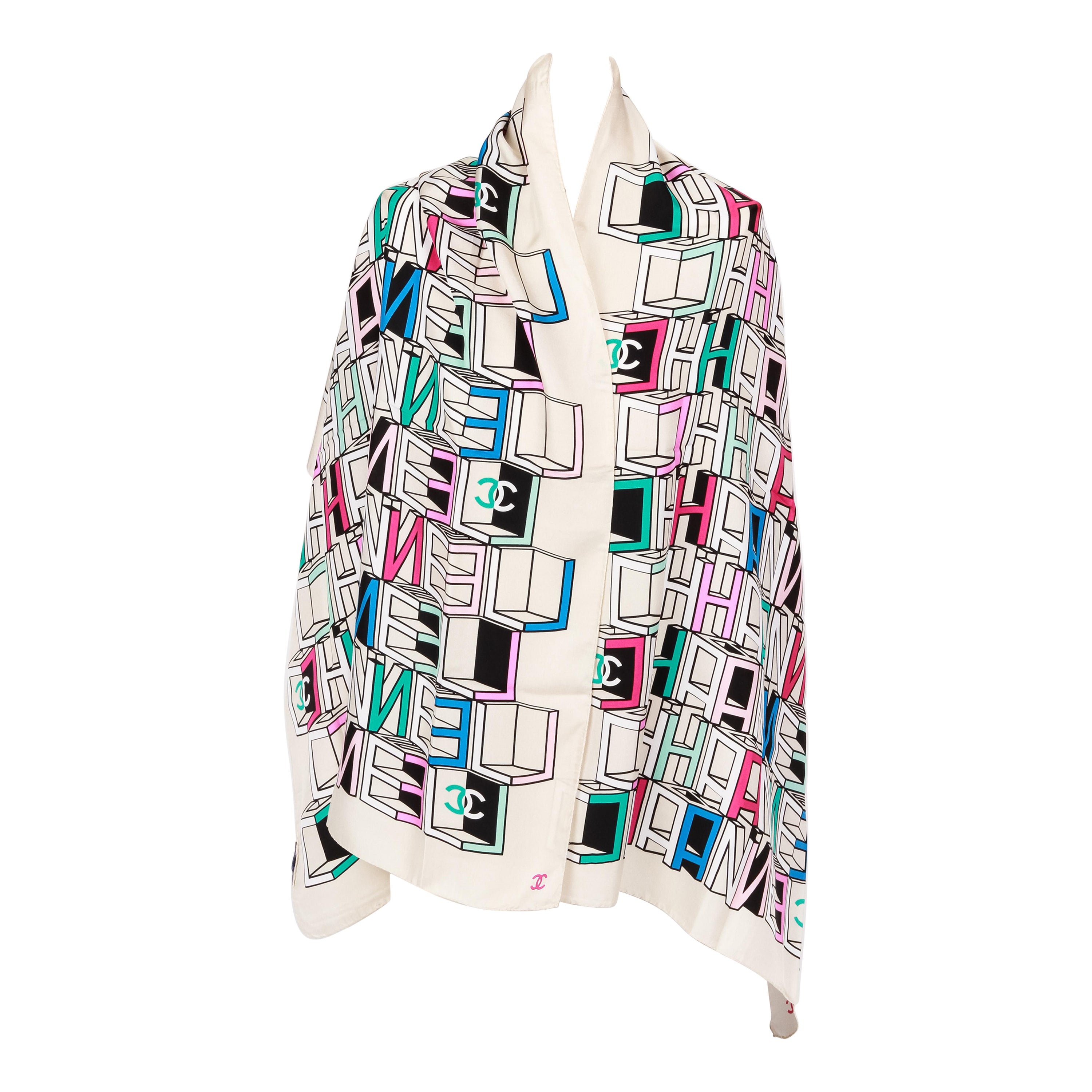 New Chanel Multi Color Logo CC Silk White Shawl