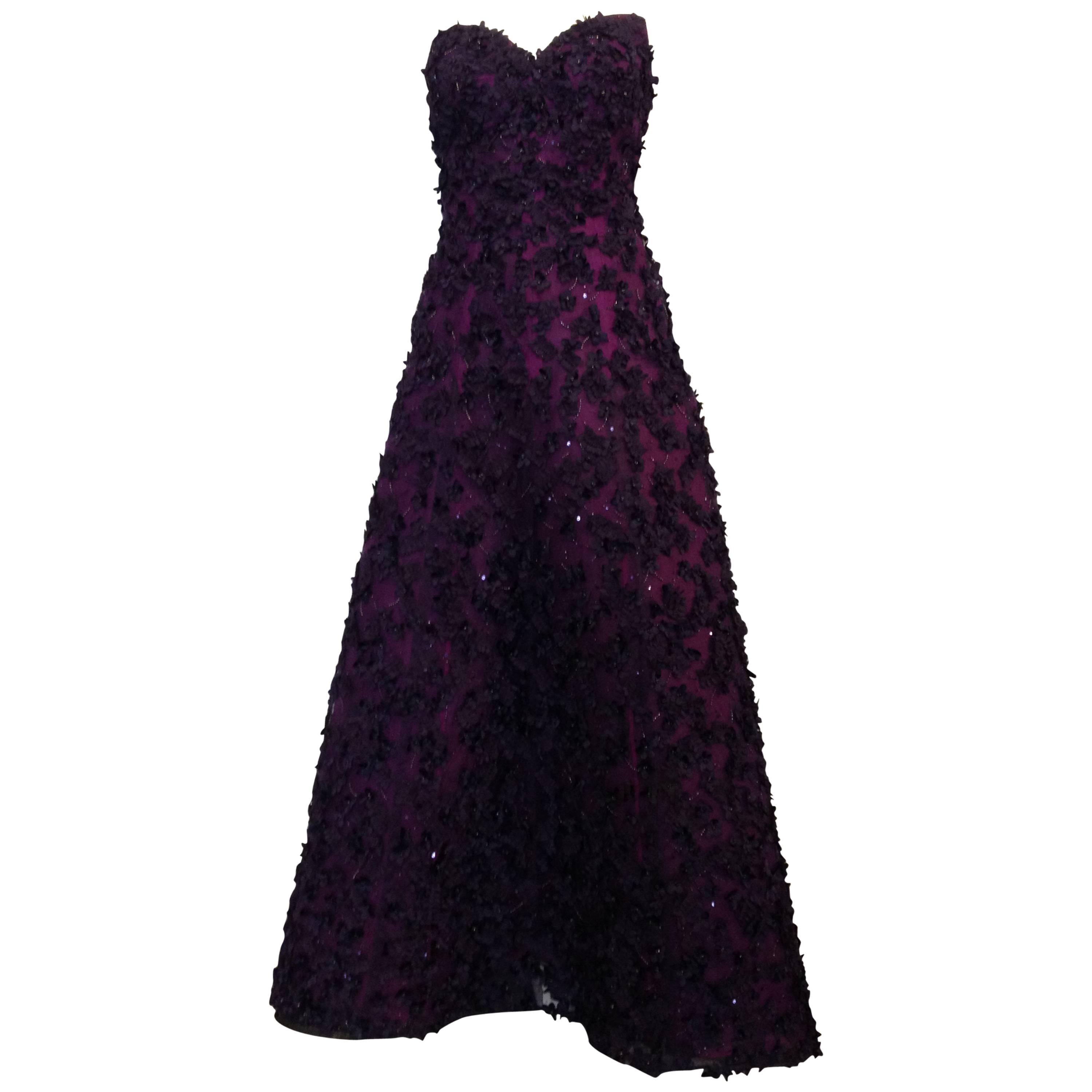 Oscar de la Renta Royal Purple Floral Gown For Sale